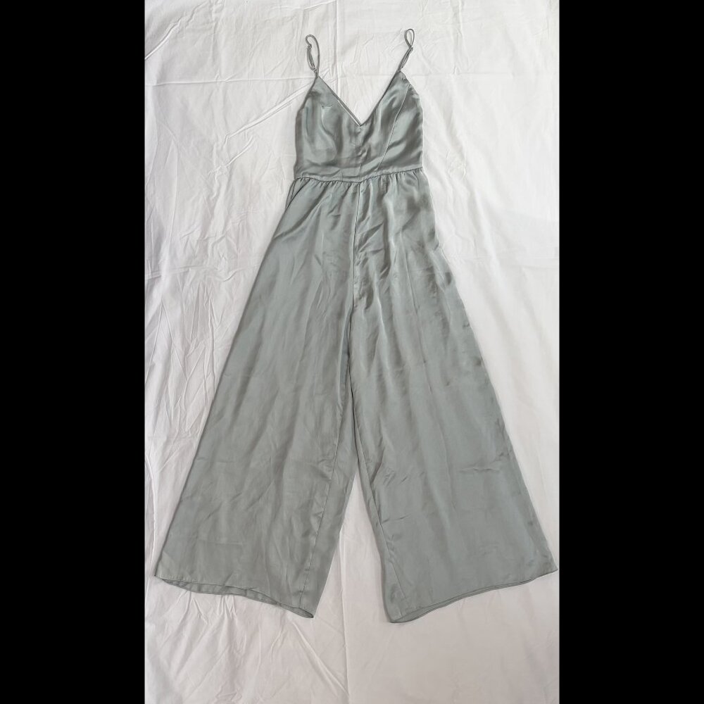 ZARA Light Sage Green Satin Wide-Leg Jumpsuit - Size Small